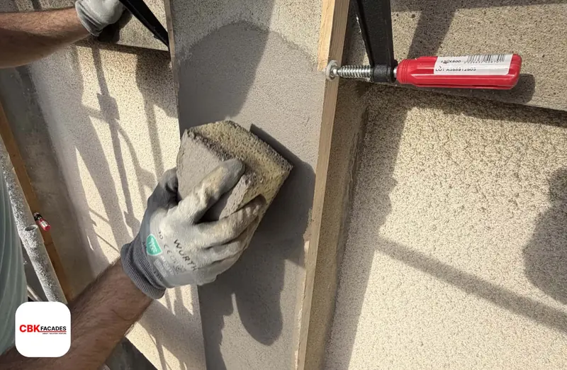 Matage d'une fissure de façade au mortier, à la truelle